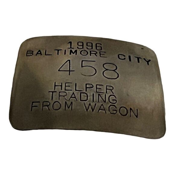 Vtg Silver In Color 1996 Baltimore City Helper Trading From Wagon Badge #458 Pin - Picture 1 of 3